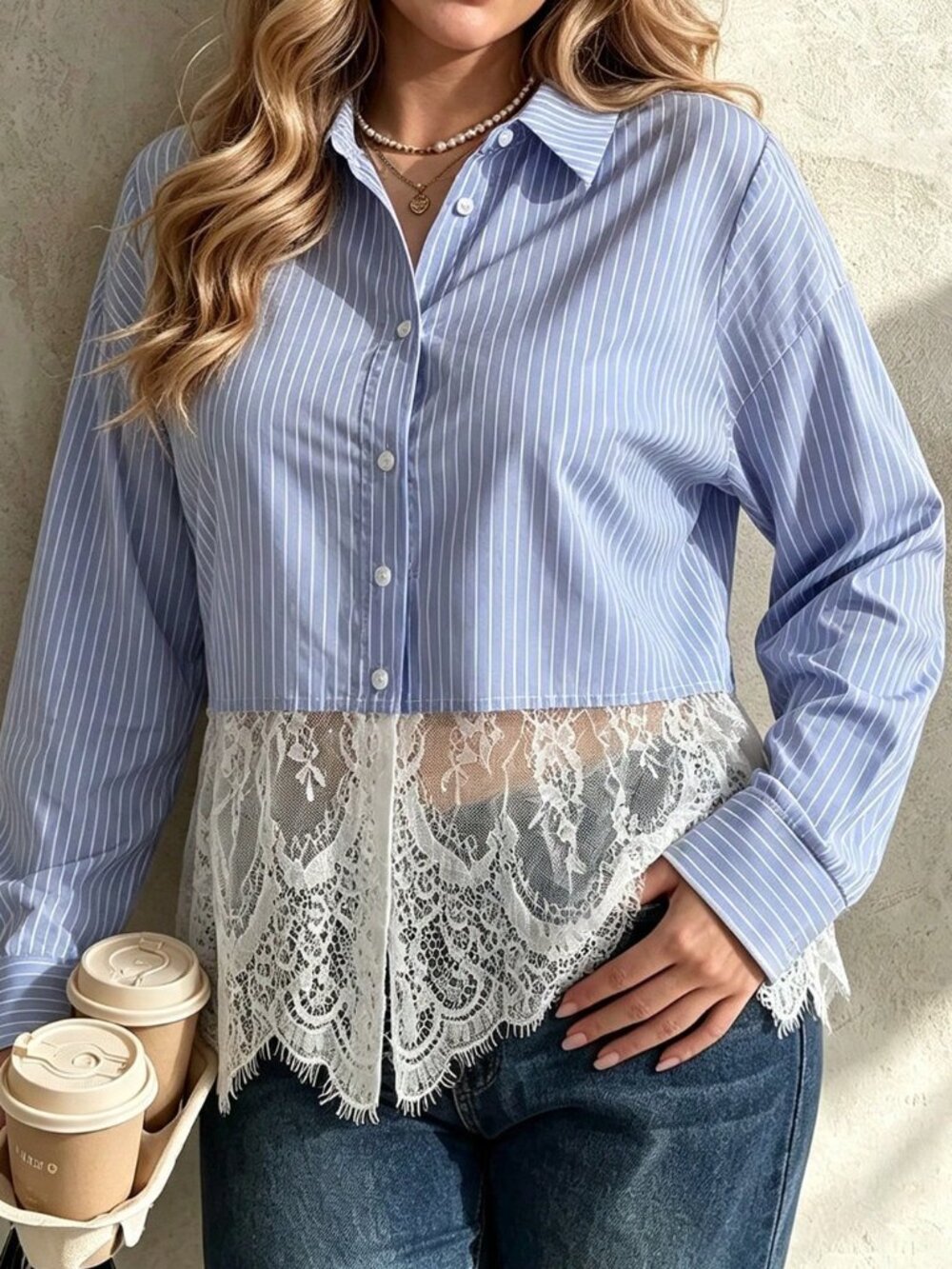 Blue Casual Women's Plus Size Vertical Striped Shirt